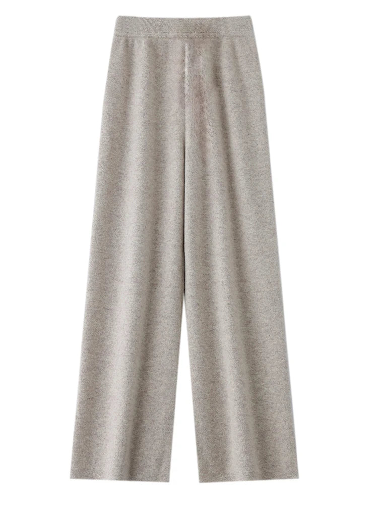 Women 100% Merino Wool Knitted Wide Leg Pant Autumn Winter Basic Soft Warm Cashmere Knit Trousers Casual Simple Fashion Style