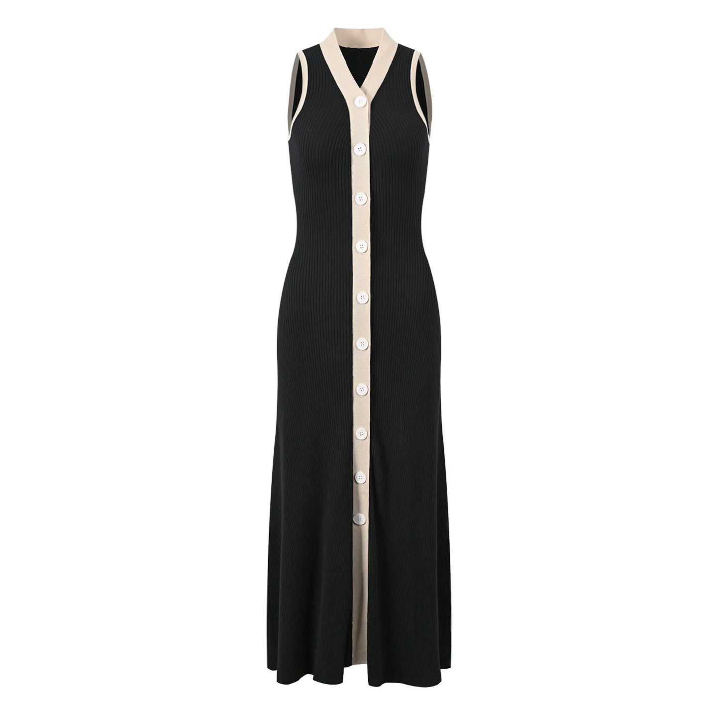 Elegant Long Skirt, Black and White Contrasting V-neck Sleeveless Long Knitted Dress, New Spring and Summer Style in clothes