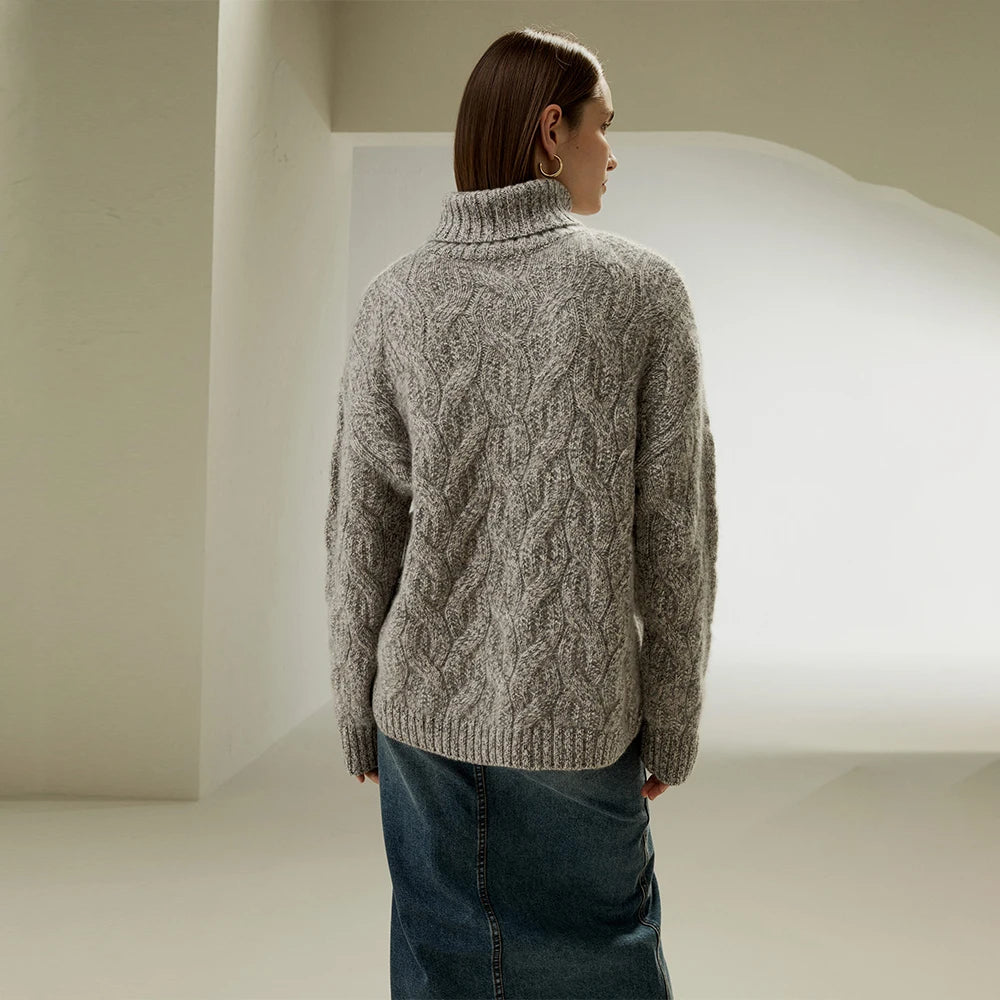 LILYSILK Women's Cable-Knit Cashmere Turtleneck Ladies Casual Dropped-shoulder Style Sweater with Ribbed Cuffs and Hem