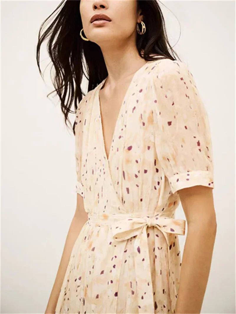 Summer New Floral Print Lace-Up Wrap Dress for Ladies V-Neck Short-Sleeved High-Waisted Slim Temperament Open Long Robe