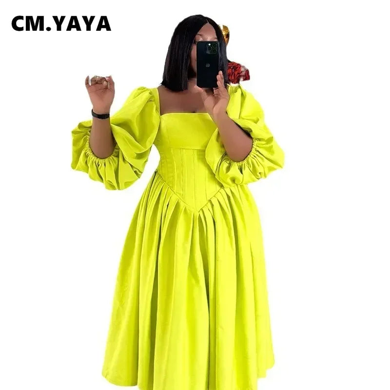 CM.YAYA Women Long lantern Sleeve Square Collar Big Swing Long Maxi Dress Fall Birthday Sexy Party Evening Dresses Vestidos
