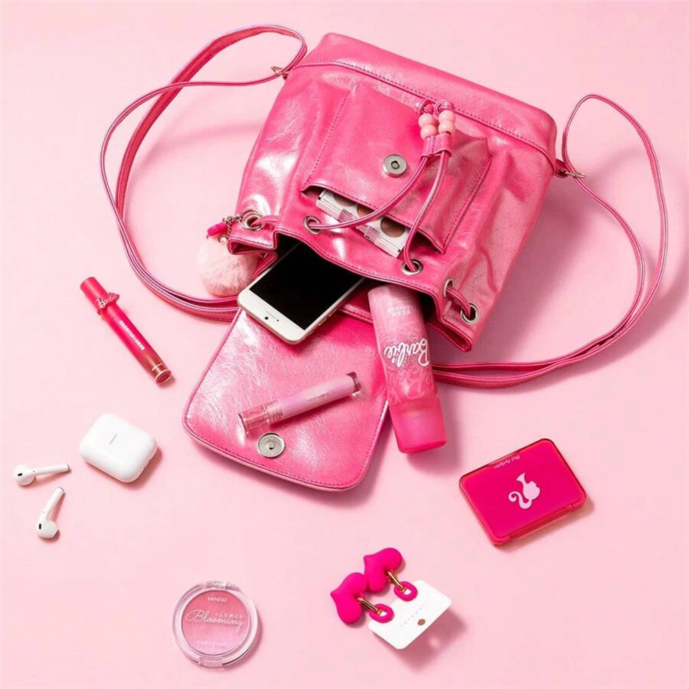 Miniso Barbie Fashion Shoulder Bag PU Leather Backpack Pink Handle Bag Crossbody Bag Multi Pocket Functional Backpack For School