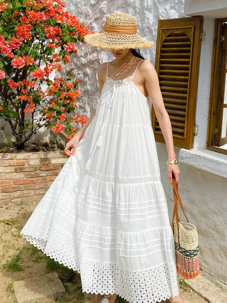 Bohemian White Dress Women Summer Sleeveless Seaside Vacation Beach Suspender Dresses A-Line Hollow Embroidery Hem Long Dress