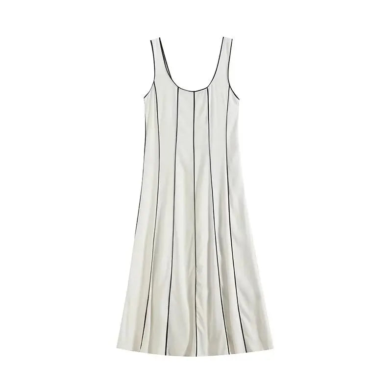 Women's French Commuter Striped Dress U-neck Sleeveless Off-shoulder Suspenders Casual Long Dress Fall Female Chic Party Dresses