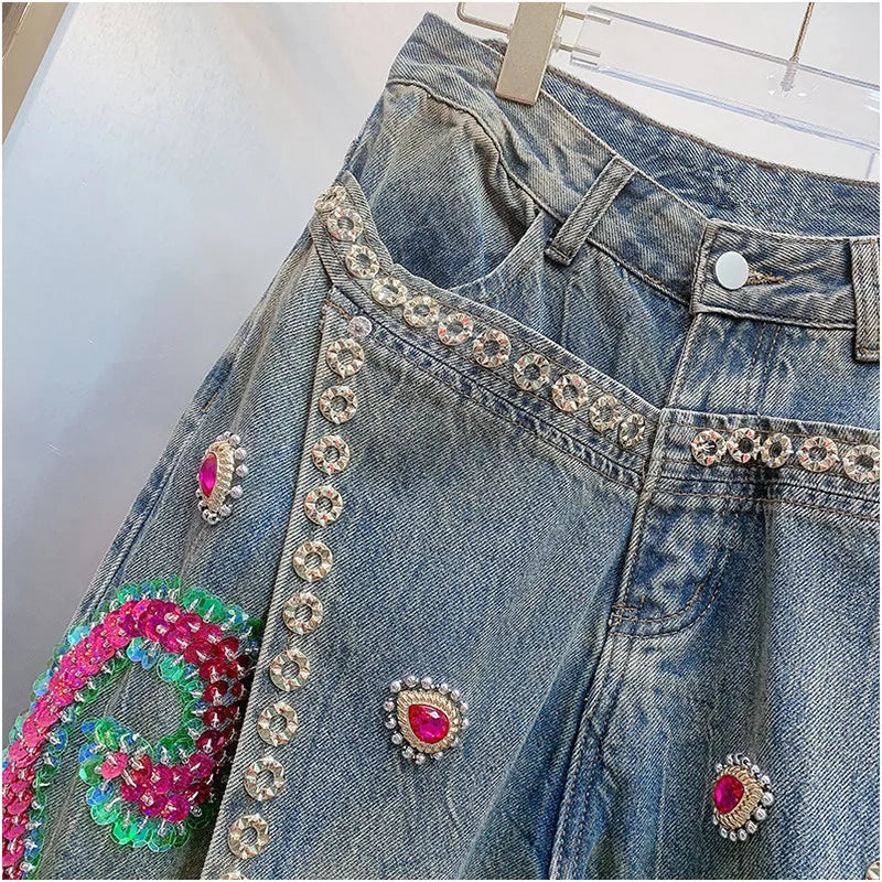 WHITNEY WANG Designer Style Autumn Winter Fashion Streetwear Sequins Diamonds Wide Leg Jeans Women Denim Pant Size S-5XL