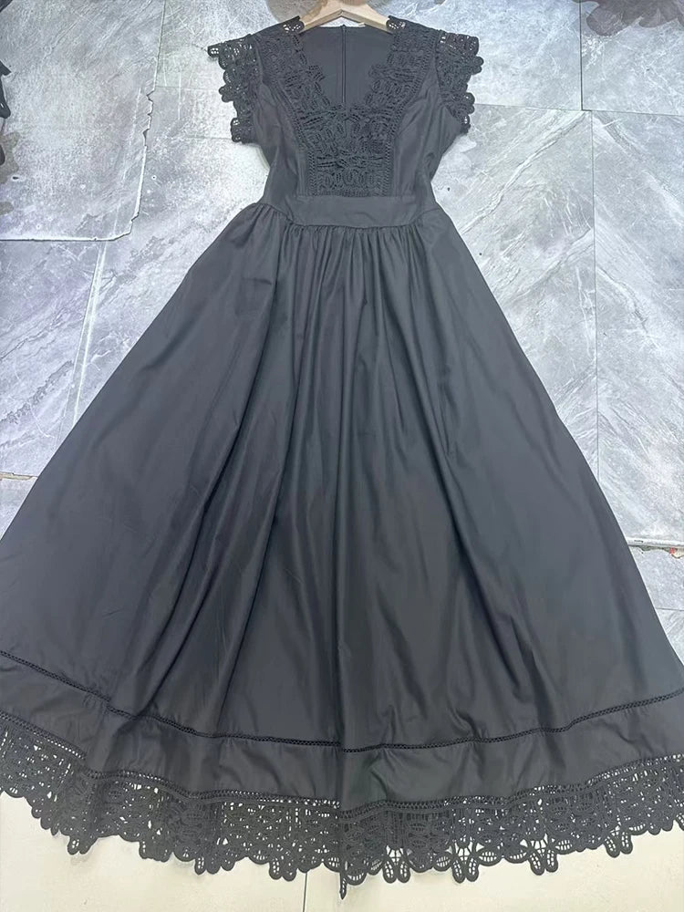 Fashion stitching lace openwork lace skirt slim waist dress solid color summer women's new temperament long A-line skirt