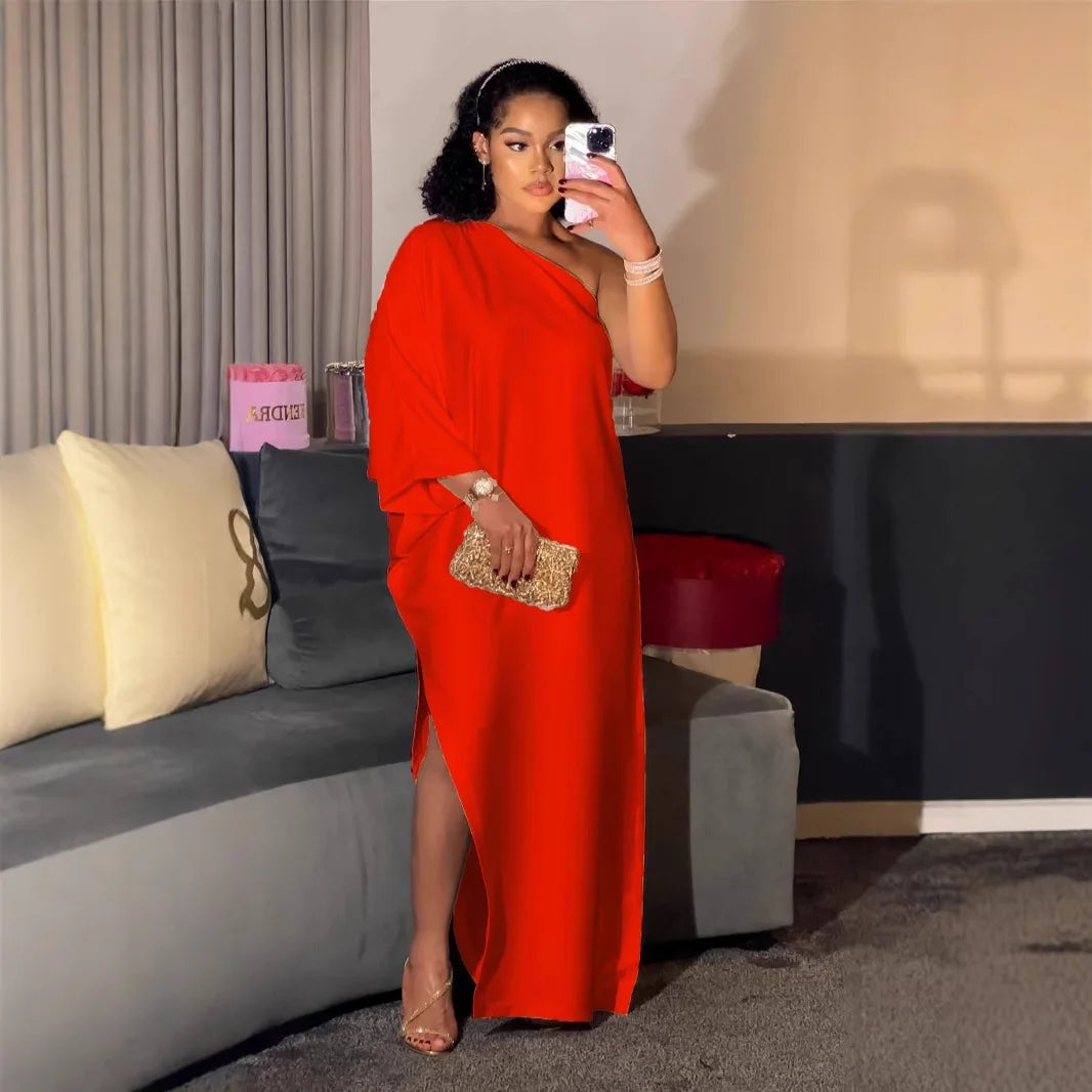Elegant Women Satin Maxi Dress One Shoulder Long Sleeve Loose Plain Robe Spring Fashion Casual Slit Dress for Women