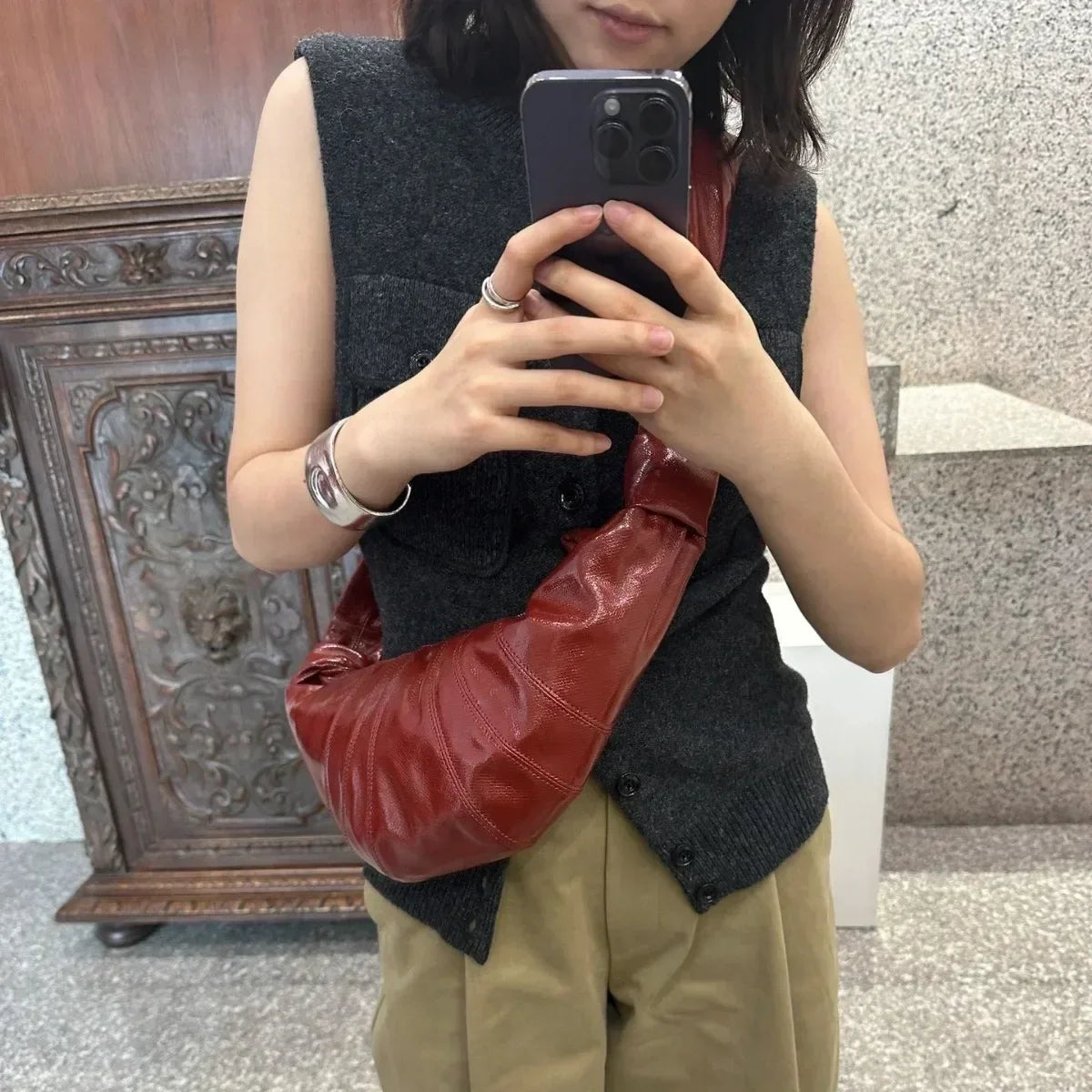 Original Linen Coated Croissant Commuter Versatile Messenger Bag Genuine Leather Croissant Large Capacity Ladies Dumpling Bag