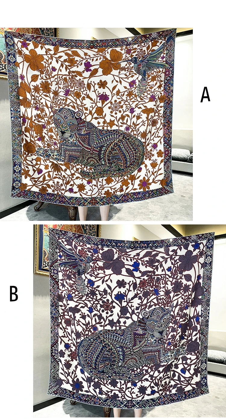 Leopard Print AB Side Silk Wool Scarf Giant Hand Rolled Edges Shawls Wool Herms Rolled Hair Bandana Foulard Big Stole Cape 135cm