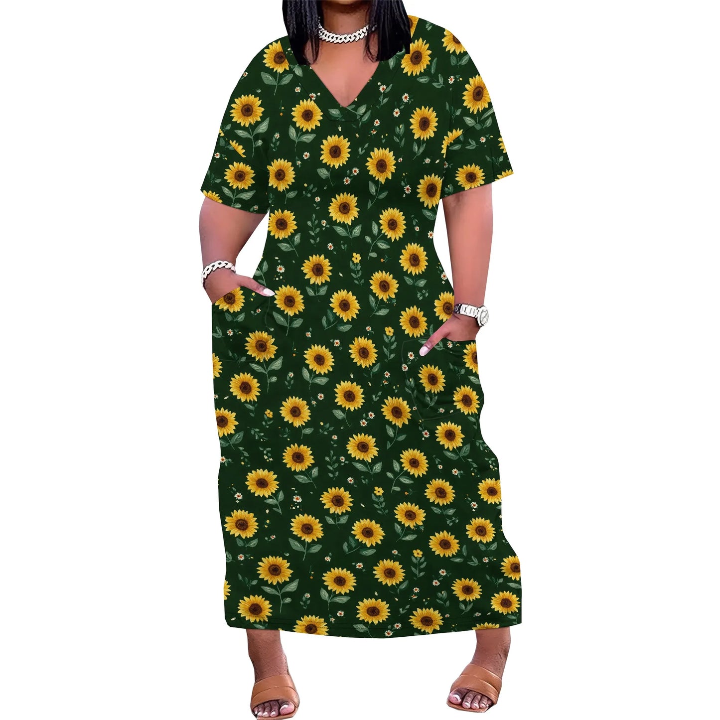 Women's Plus Size African Print Dresses Casual Loose Pocket Short Sleeve Long Maxi Dress