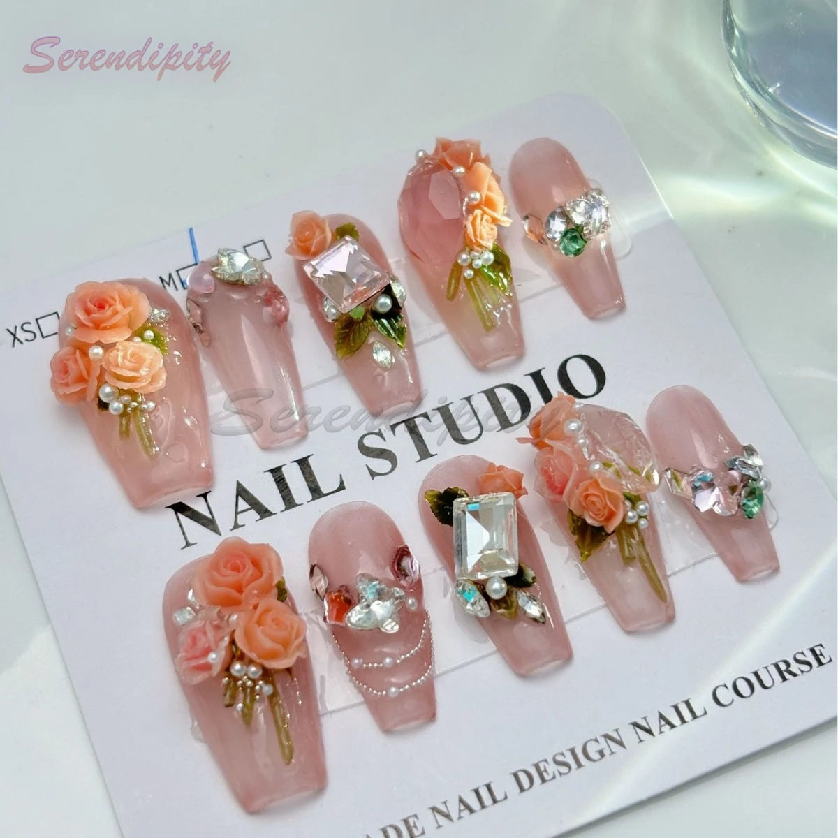10Pcs Solid Color Press On Nails Pure Handmade Pink Stereoscopic Bouquet Fals Nail Art Big Rhinestones Removable Wear Fake Nails