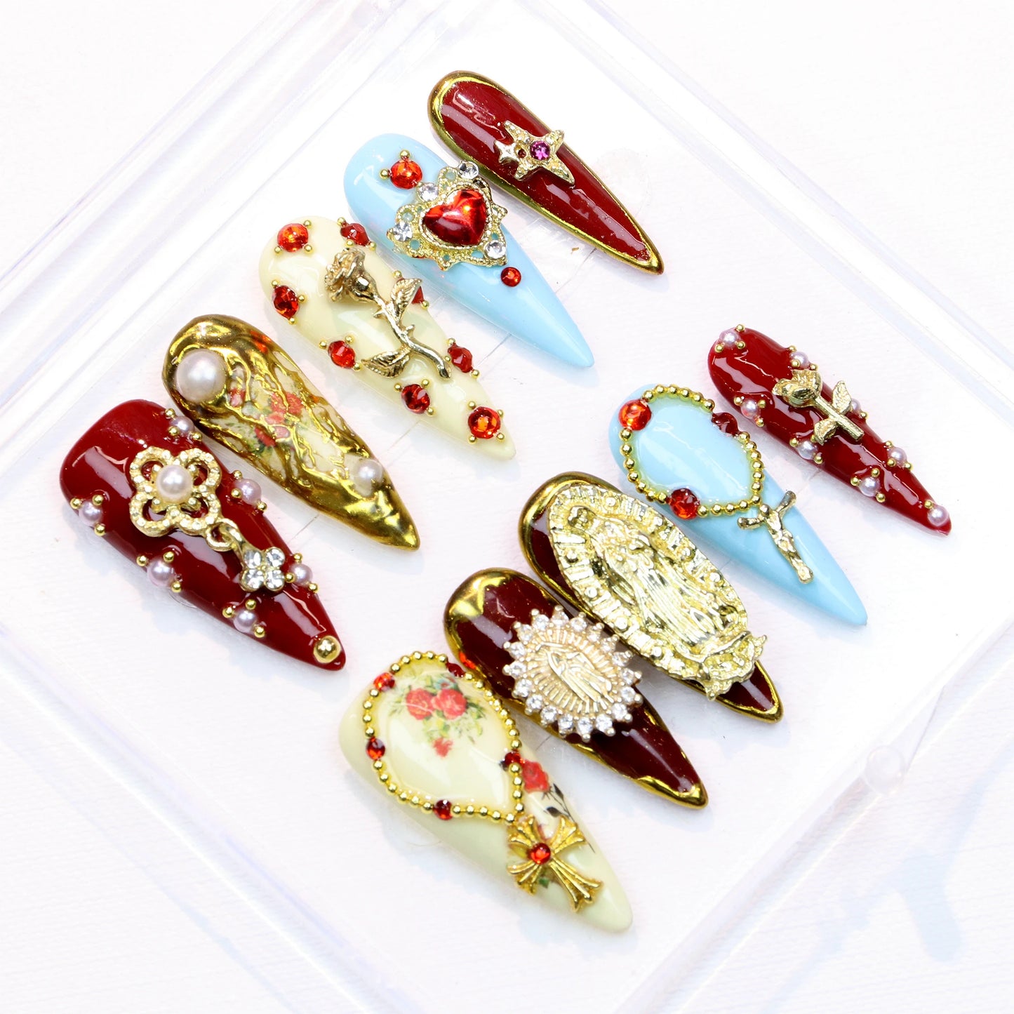 10Pcs Elegant Virgin Mary Cross Press On Nails Custom Handpainted Almond Nail,luxury Design Nail Art for Birthday Holiday Gift