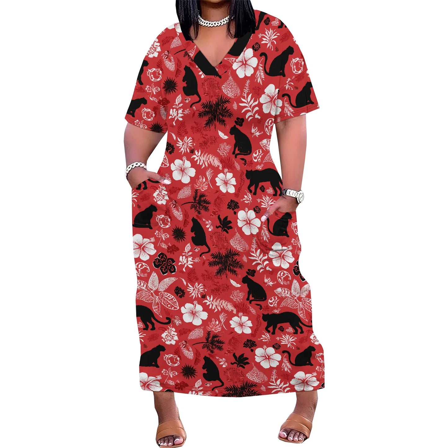 Women's Plus Size African Print Dresses Casual Loose Pocket Short Sleeve Long Maxi Dress
