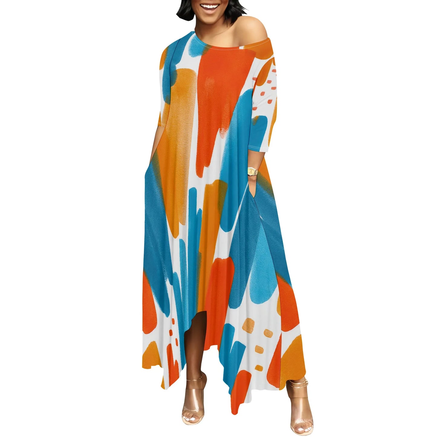 Women One Shoulder Sleeve Printed Dress High Waist Split Party Cocktail Long Dress