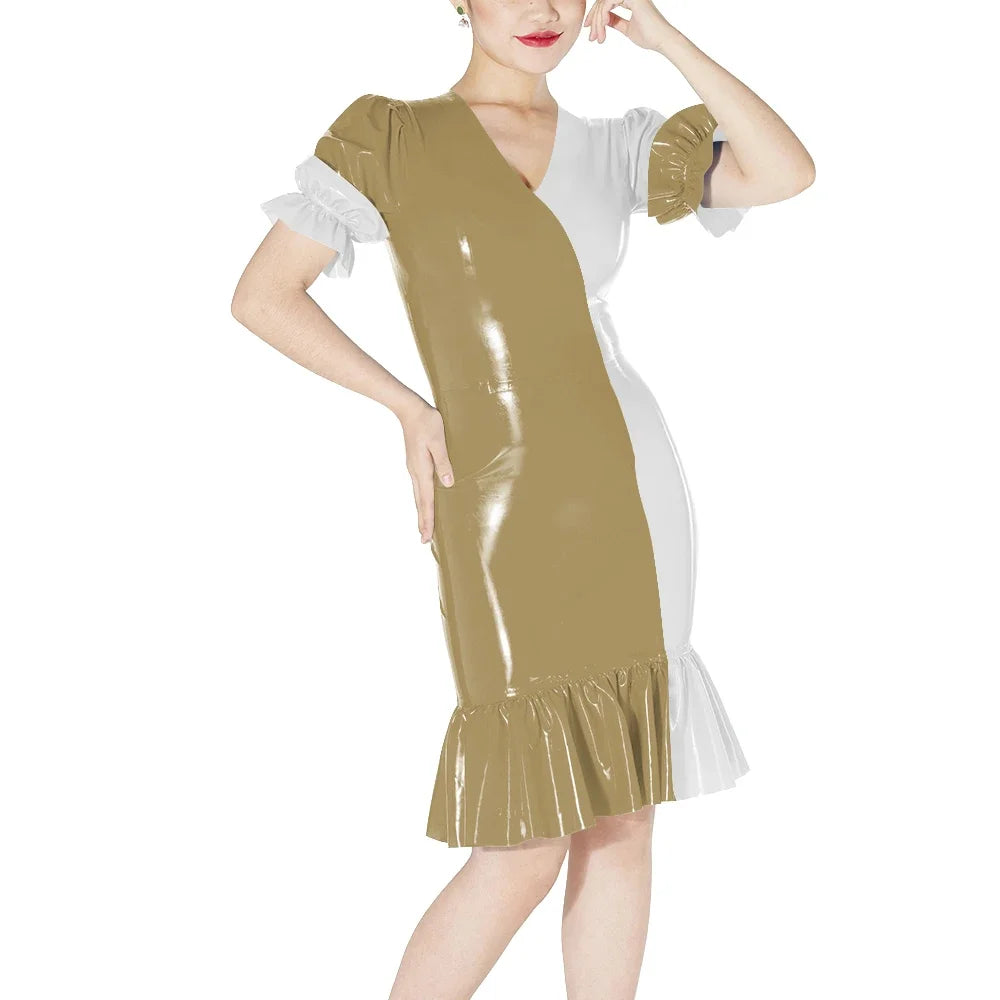 Plus Size Knee-length Patchwork Dress Glossy Faux Leather Party Bodycon Short Sleeve Dress Back Zipper Ruffles Hem Womens Dress