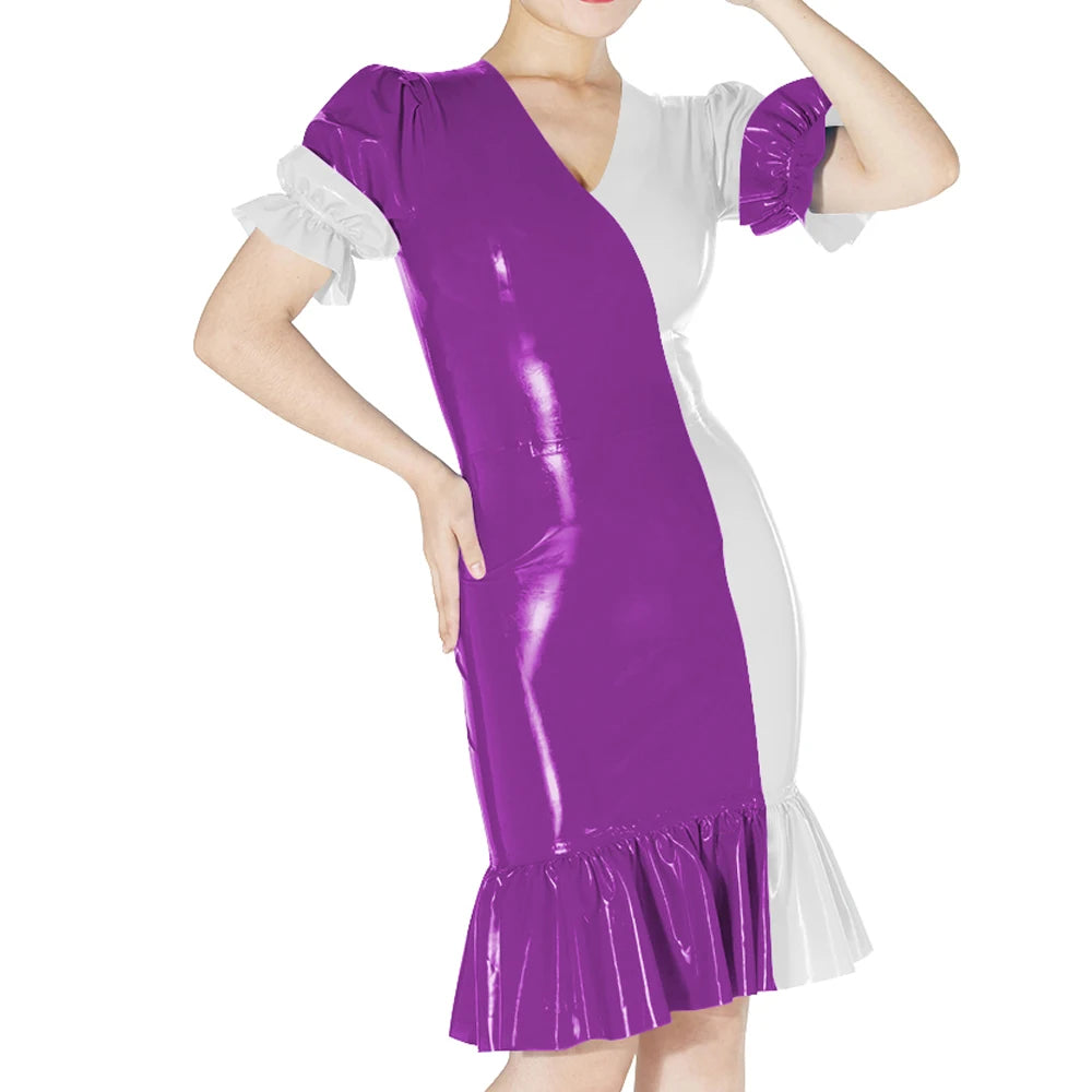 Plus Size Knee-length Patchwork Dress Glossy Faux Leather Party Bodycon Short Sleeve Dress Back Zipper Ruffles Hem Womens Dress