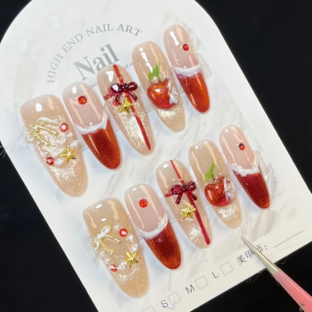 10pcs New Year Christmas Fake Nails Snowflake Design False Nails Art Full Cover Waterproof Removable Handmade Press on Nail