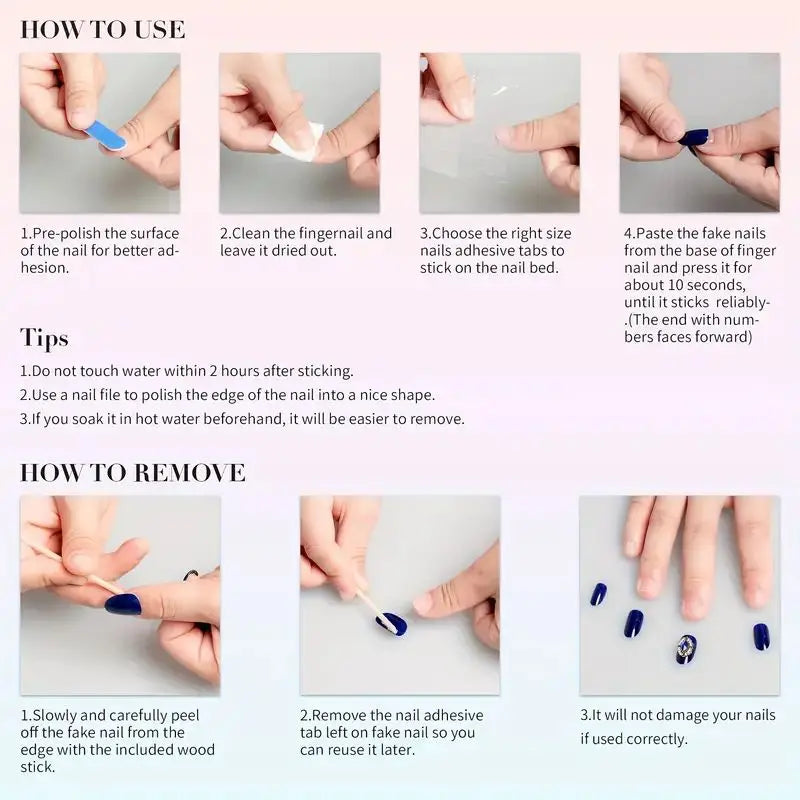 10 PCS Luxury Handmade Press on Nails Short Trapezoid Blue Chessboard Design with 4-PIECE Tool Adhesive Nail Glue Tabs