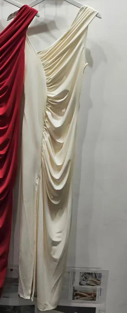 Ladies irregular pleated solid color slim high waist split temperament dress summer new metal buckle long skirt with suspenders.