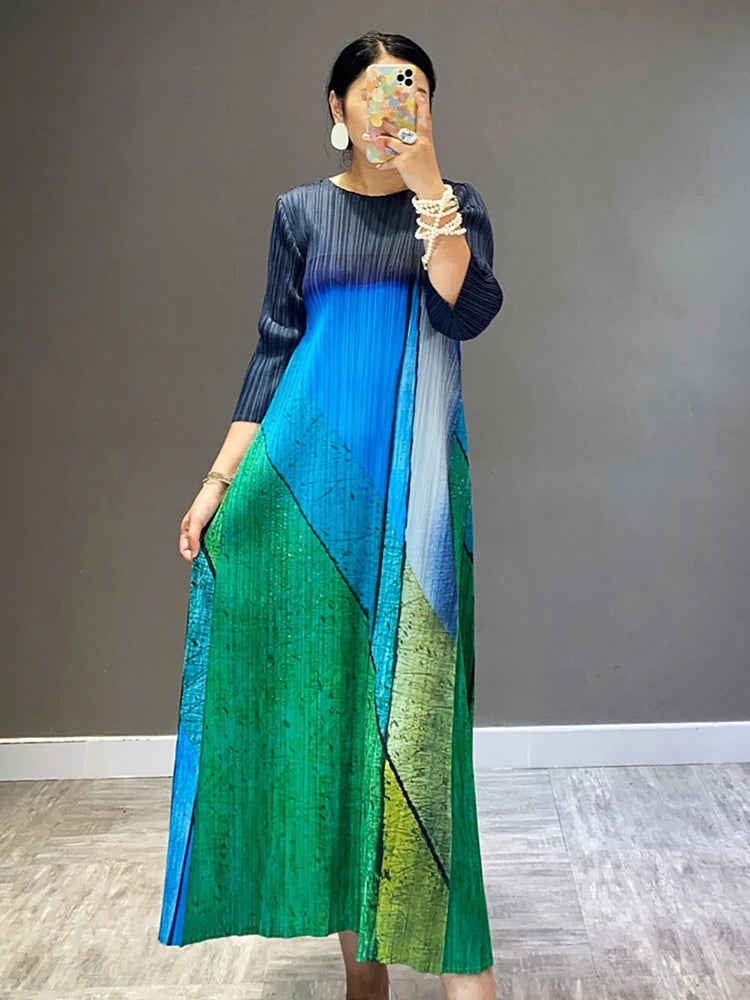 Pleats New High Fashion French Vintage Women Green Causal Long Dress Original Designer Clothing In Stock