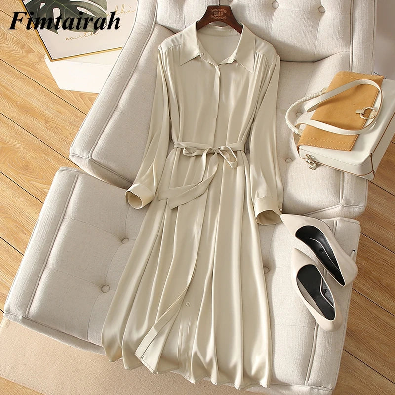 Fimtairah 6A Real Pure silk dress Women Spring Dress sleeved long skirt new mulberry silk Tops A -line Lady Dress