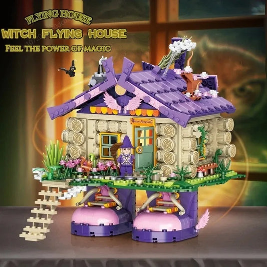 Witch Flying Log Cabin Building Blocks Magic Wooden House Model Ornaments Children’s Educational Assembled Toys Halloween Gifts