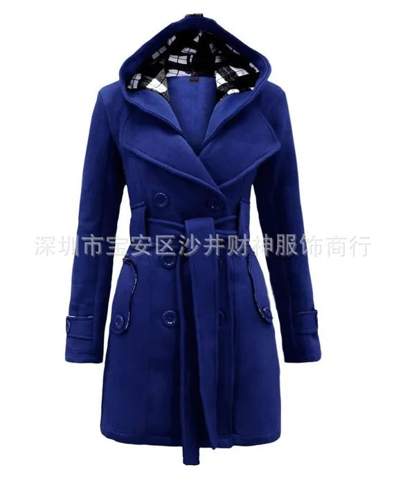 Long Plaid Hooded Coat with Belt Double Row Buttons New Hot Sale Of The Season Women's Woolen Jacket Simple Solid Color Full Sle