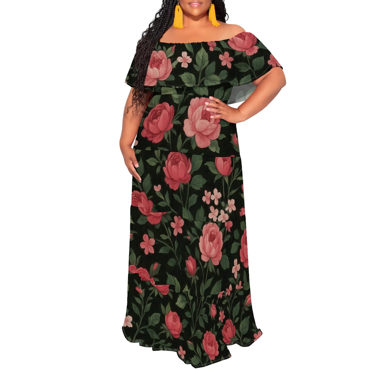 Womens Off The Shoulder Dress Summer Casual Long Ruffle Party Side Split Beach Maxi Dresses with Pockets