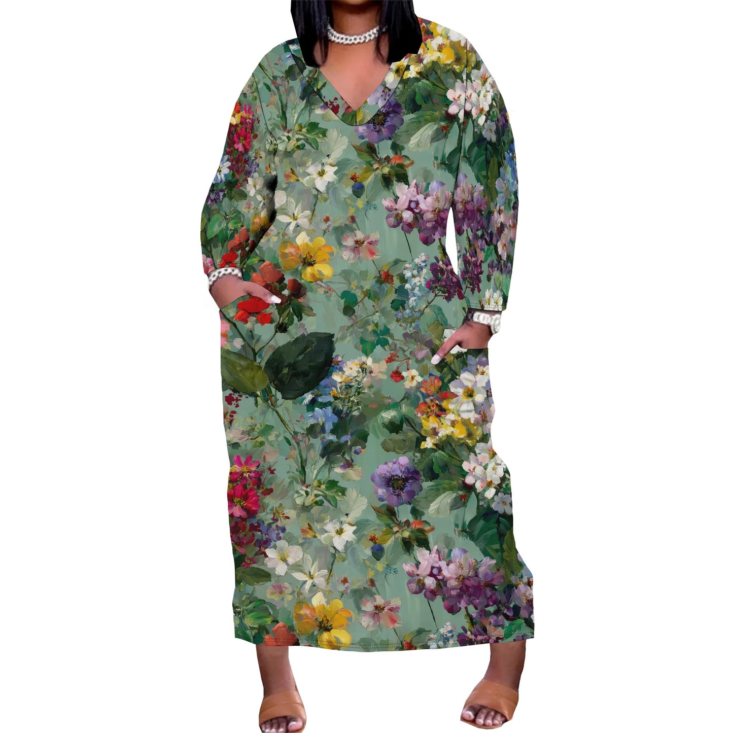 Oversized Baggy Summer Womens Print Dresses Sexy Casual T-Shirt V Neck Long Sleeve Maxi Dress with Pocket