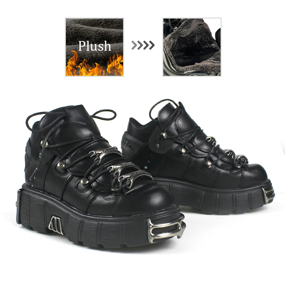 Manufacturer New Brand Punk Style Women Shoes Lace-up heel height 6CM Platform Shoes Woman Rock Boots Metal Decor Woman Sneakers boots