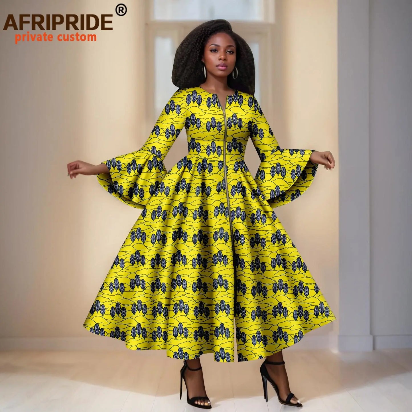 African Print Dresses for Women Flare Sleeve Elegant Zip Maxi Dress Party Attire for Lady Dashiki Long Dress