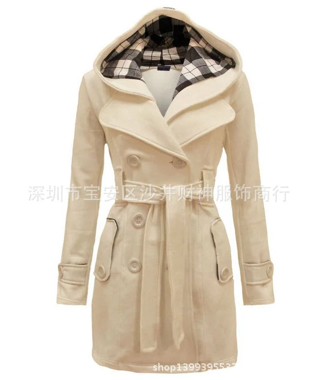 Long Plaid Hooded Coat with Belt Double Row Buttons New Hot Sale Of The Season Women's Woolen Jacket Simple Solid Color Full Sle