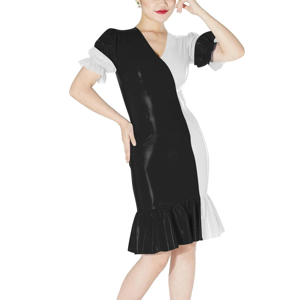 Plus Size Knee-length Patchwork Dress Glossy Faux Leather Party Bodycon Short Sleeve Dress Back Zipper Ruffles Hem Womens Dress