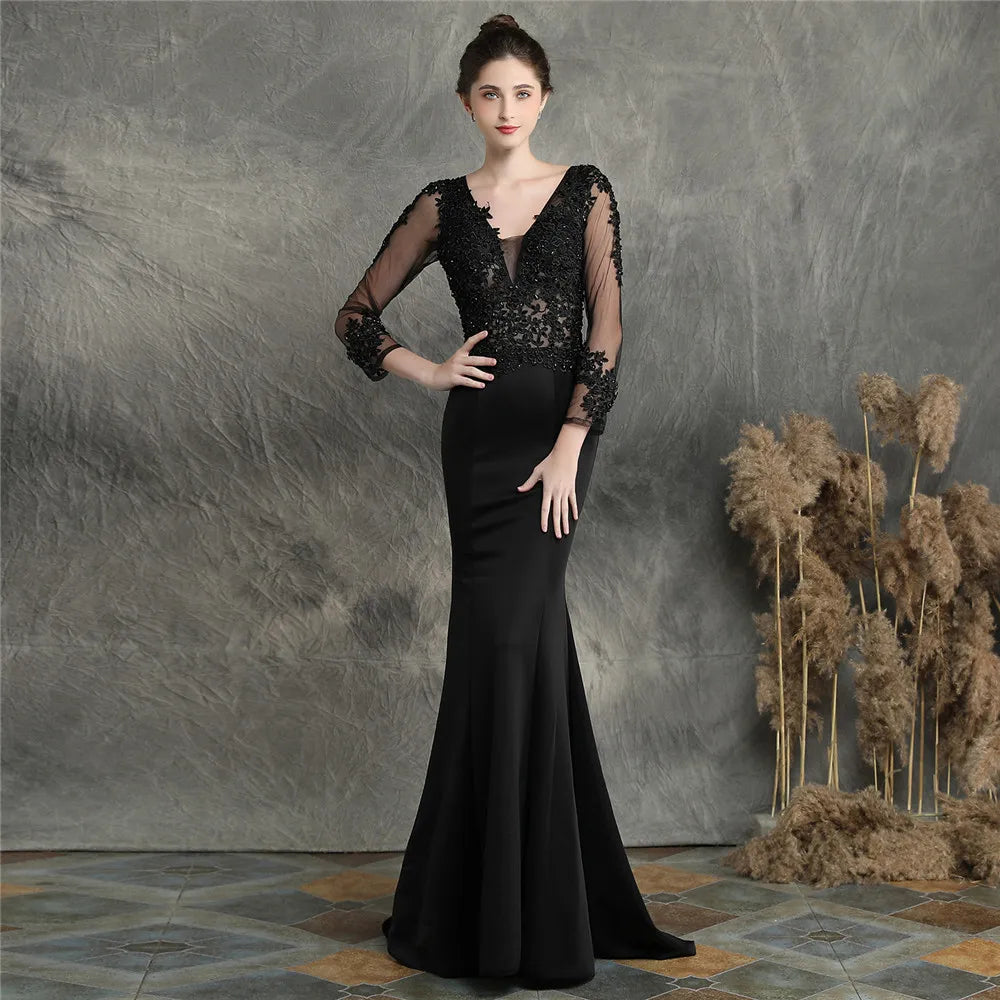 Cusomized V-Neck Floral Lace Handmade Applique Beaded Fishtail Dress Long Sleeve Dress Wedding Party Evening Dress For Women
