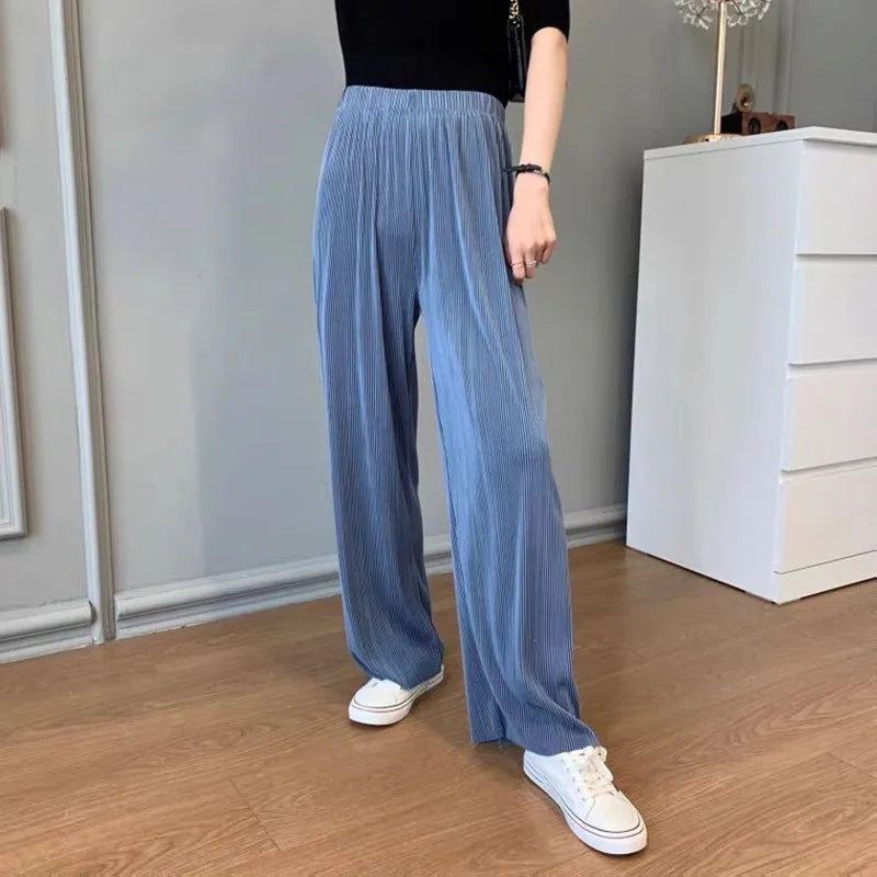 Summer Women Wide Leg Pant Fashion Loose Long Pants Boho Beach Pants Solid Pleated Trousers Elastic High Waist Pant Plus Size