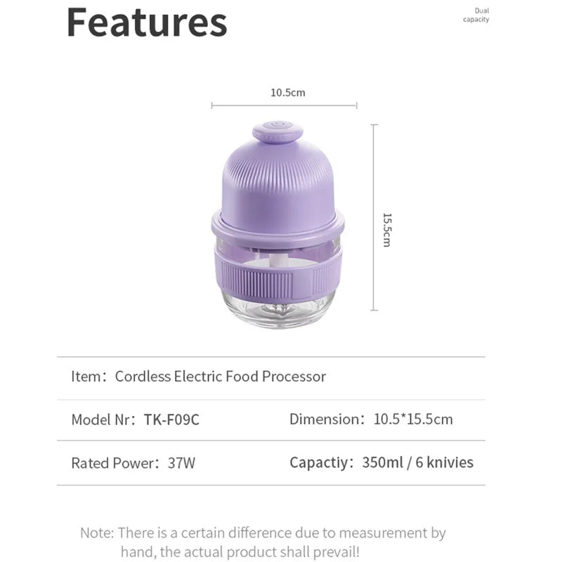 Manufacturer 350ml Echargeable Portable Food Grinder Meat Grinder Glass Processor Garlic Puree Machine Kitchen gadgets