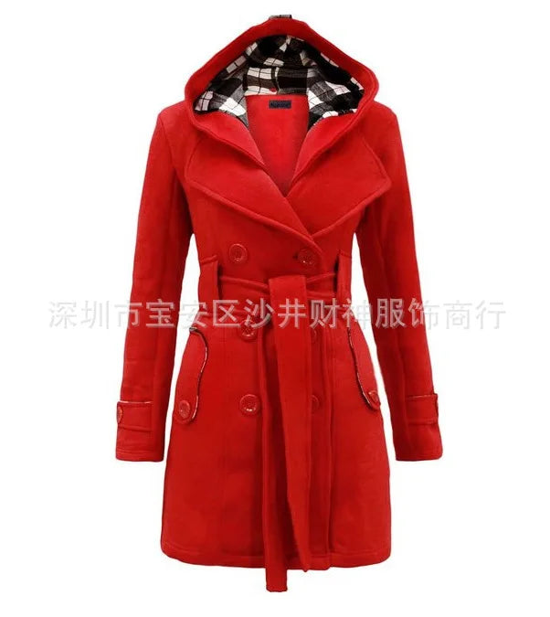 Long Plaid Hooded Coat with Belt Double Row Buttons New Hot Sale Of The Season Women's Woolen Jacket Simple Solid Color Full Sle