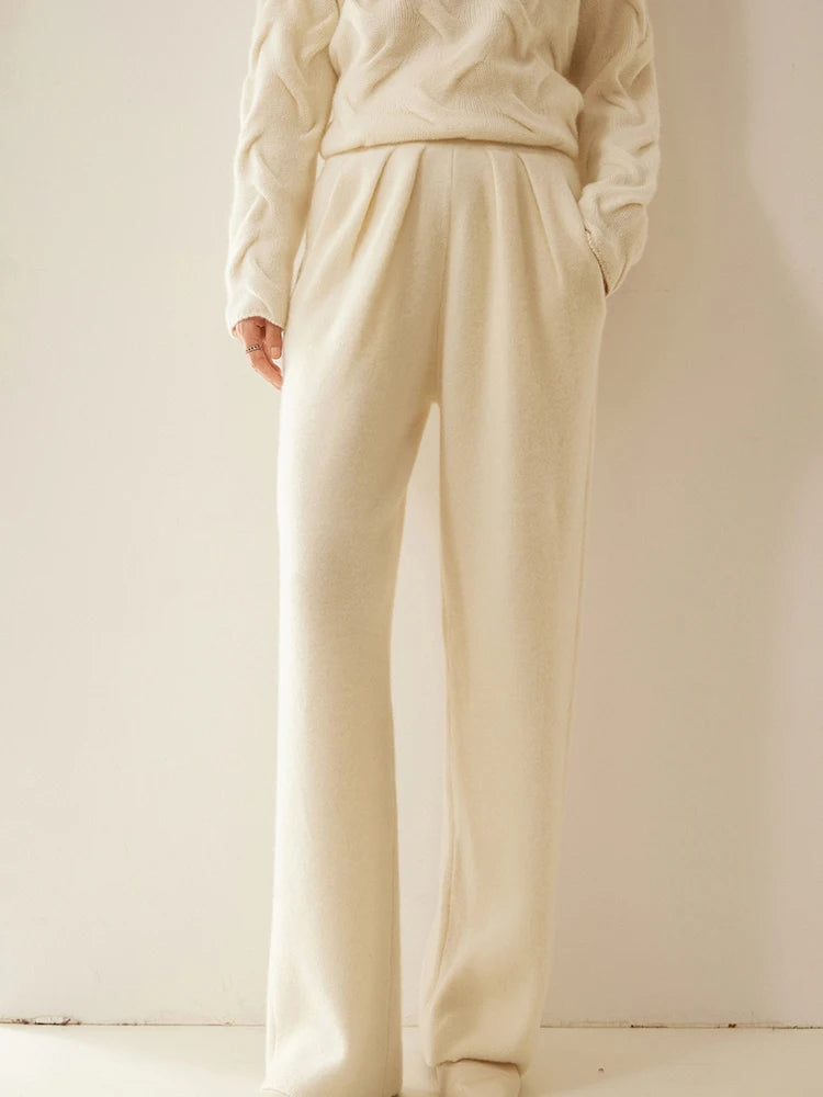 High Quality Women 100% Cashmere Pants Pleated Waist Wide Leg Pant Casual Simple Style Autumn Winter Cashmere Knit Trousers
