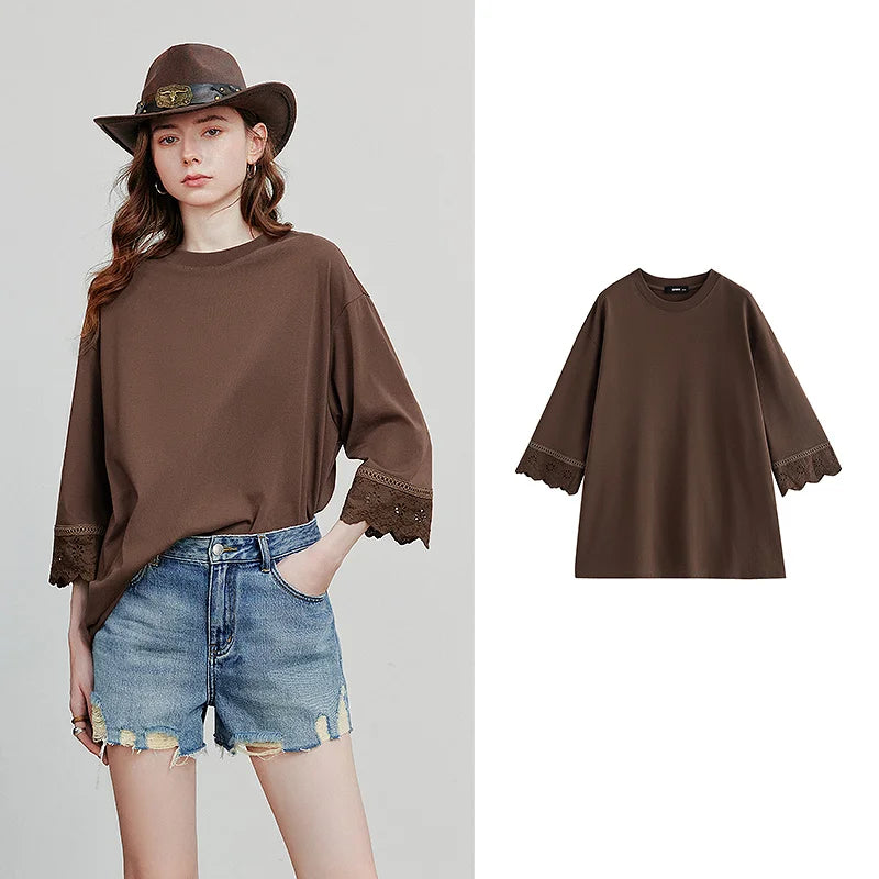 TOYOUTH Women T-shirts Autumn New Round Neck Patchwork Lace Three Quarter Sleeve Loose Cotton Tops
