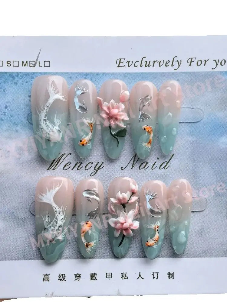 10 Pcs Floral & Fish Long Almond Press On Nails Hand Carved 3D Art Reusable Gel Tips Spring Fake Nails for 2025 Trendy Manicure