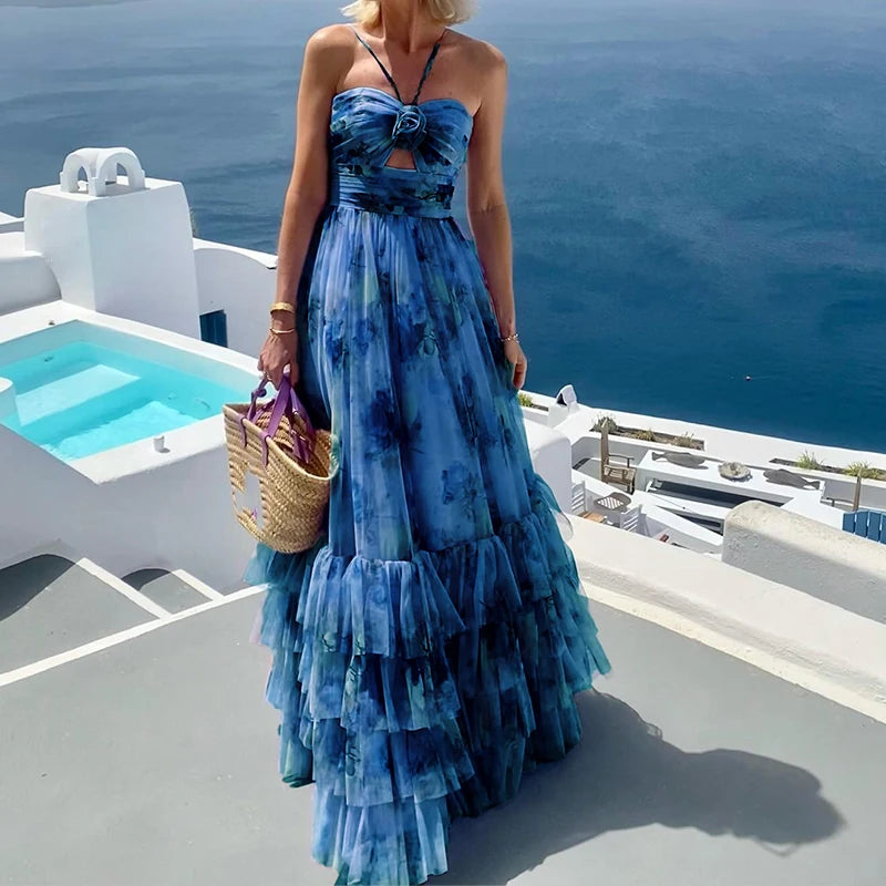 Women Fashion Hollow Off Shoulder Summer Dress Sexy Sleeveless Pleated Long Dress Elegant Halter Pattern Print Mesh Party Dress