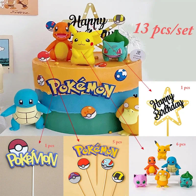 13Pcs/set Pokemon Cake Anime Figure Pikachu Party Happy Birthday Pokemon Cake Decoration Supplies Ornaments Boy Kids Gift