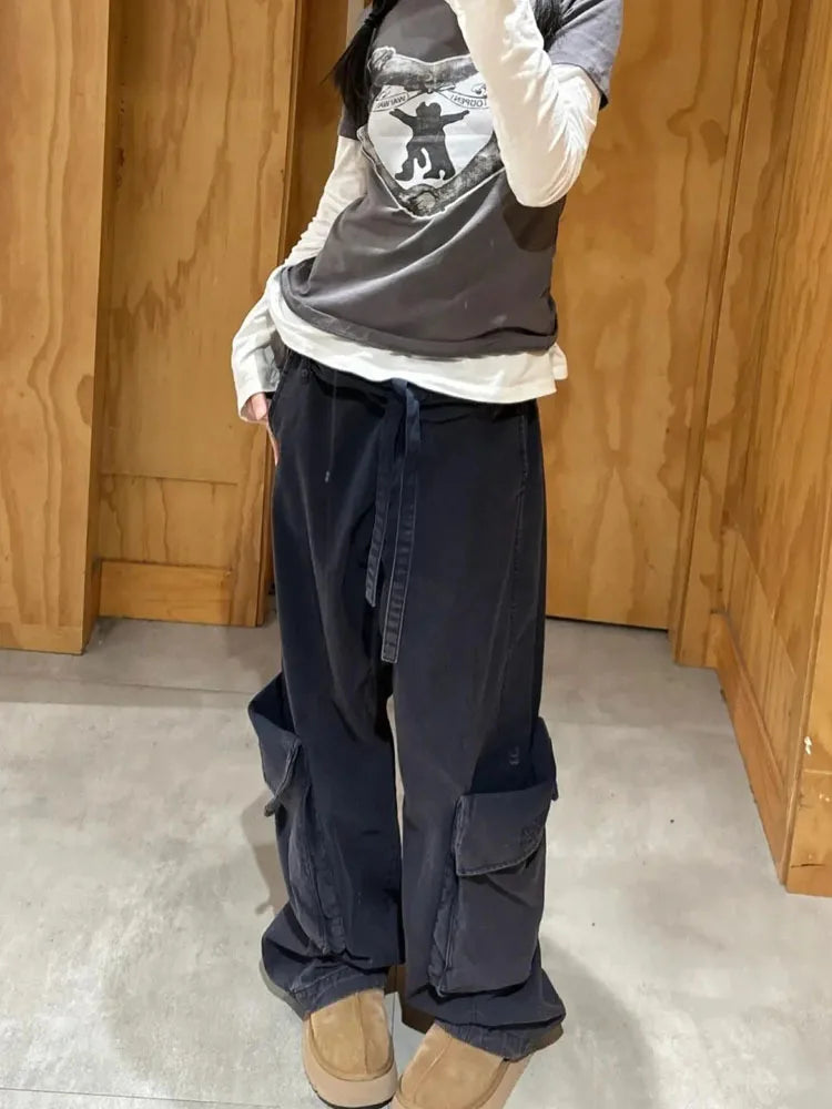 new vintage wash to do old drawstring roll-edge multi-pocket cargo pants lazy casual loose mopping pants