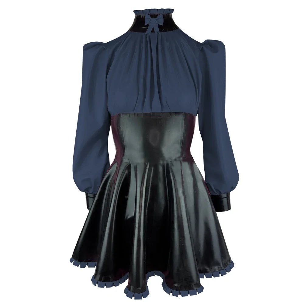 Plus Size High Neck Bow Patchwork Black Faux Latex Mini Dress Women Long Sleeves Slim Fit Ruffled A-line Dress Cocktail Gown