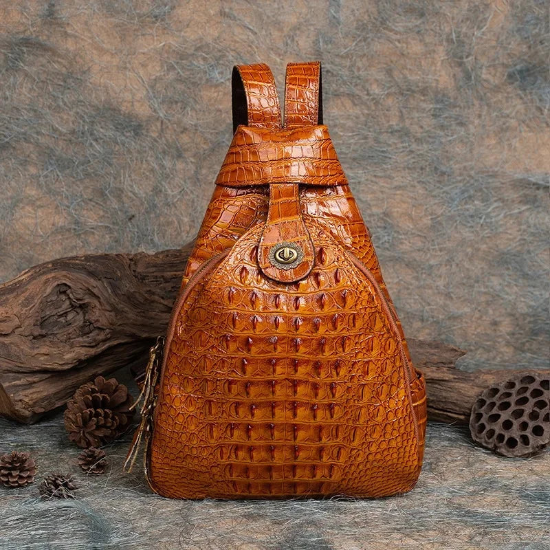 Vintage Pressed Flower Crocodile Pattern Handmade Leather Backpack Multi-Purpose Chinese Style Double Shoulder Bag For Live Broa