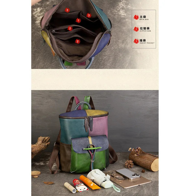 Soft Cowhide Student Backpack Colorblock Laptop Bag Large Capacity Girls School College Bookbag Trendy Durable Water-Resistant