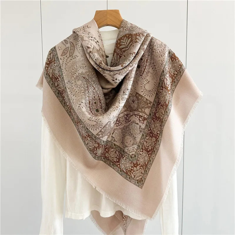 Double Sided Tassels Scarf Luxury Women Warm Silk Wool Shawl 140cm Pashmina Vintage Foulard Head Bag Wrap Stole Christmas Gift