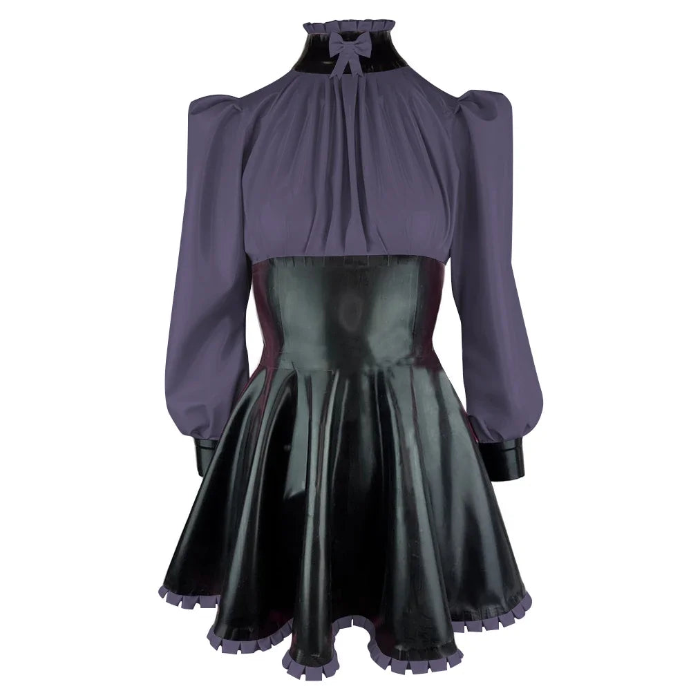 Plus Size High Neck Bow Patchwork Black Faux Latex Mini Dress Women Long Sleeves Slim Fit Ruffled A-line Dress Cocktail Gown