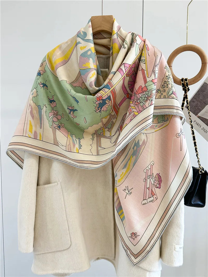 Reversible Scarf Wool Silk Scarfs Women Winter Shawls Warm Soft Pashmina Oversized Foulard Wrap Stole Christmas Gift