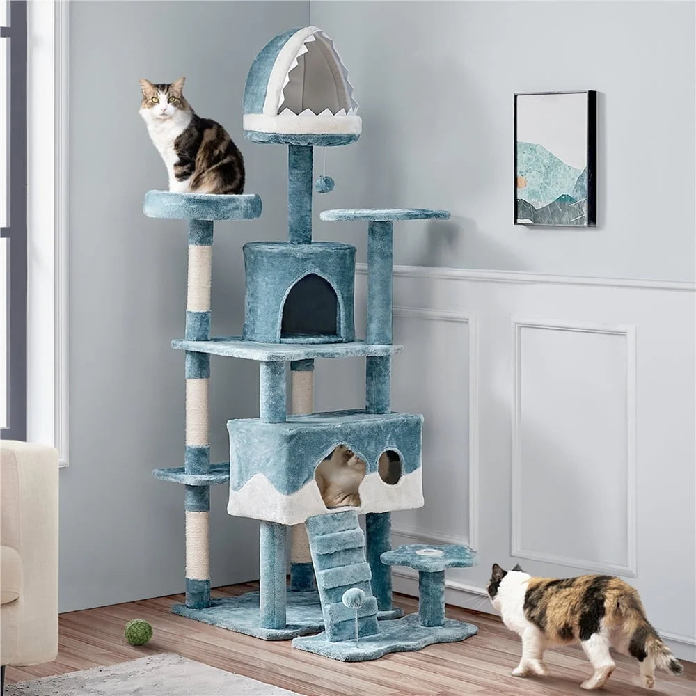Ocean-Themed Cat Tree Large Multi-Level Condo Shark Bed Fish Perch Sturdy Scratch Post Cats cat toy